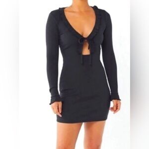 Urban Outfitters Black Knit Front-Tie Ruffle Ribbed Bodycon Dress Sz M Clubbing